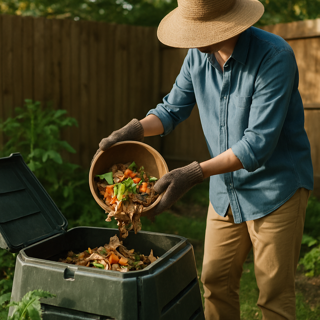Backyard Composting A home backyard scene featuring a compost bin with a person adding vegetable scraps and leaves, surrounded by green plants.