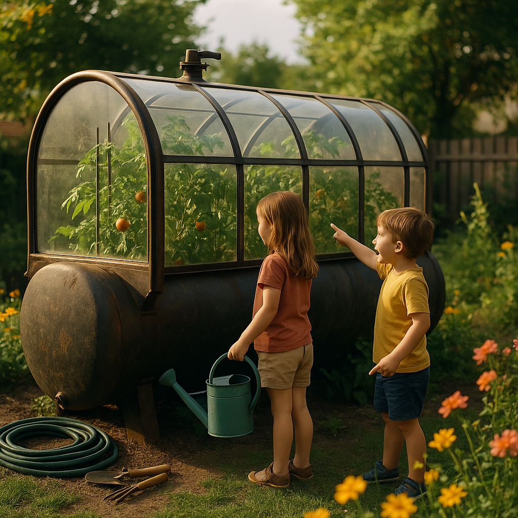 A large converted oil tank serving as a greenhouse with children watering plants inside.
