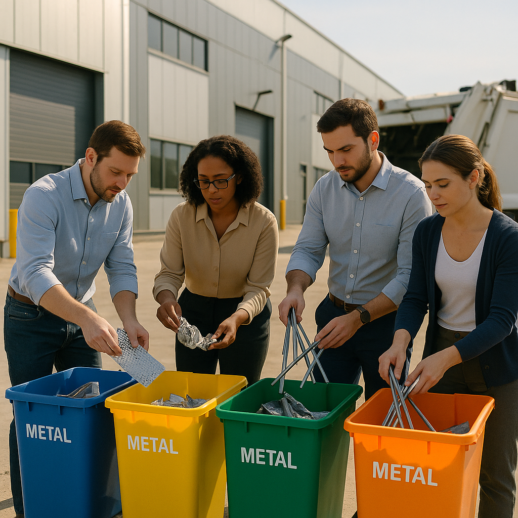 Employees Sorting Metal Scraps for Recycling Employees sorting metal scraps into color-coded recycling bins outside a warehouse with a collection truck nearby.