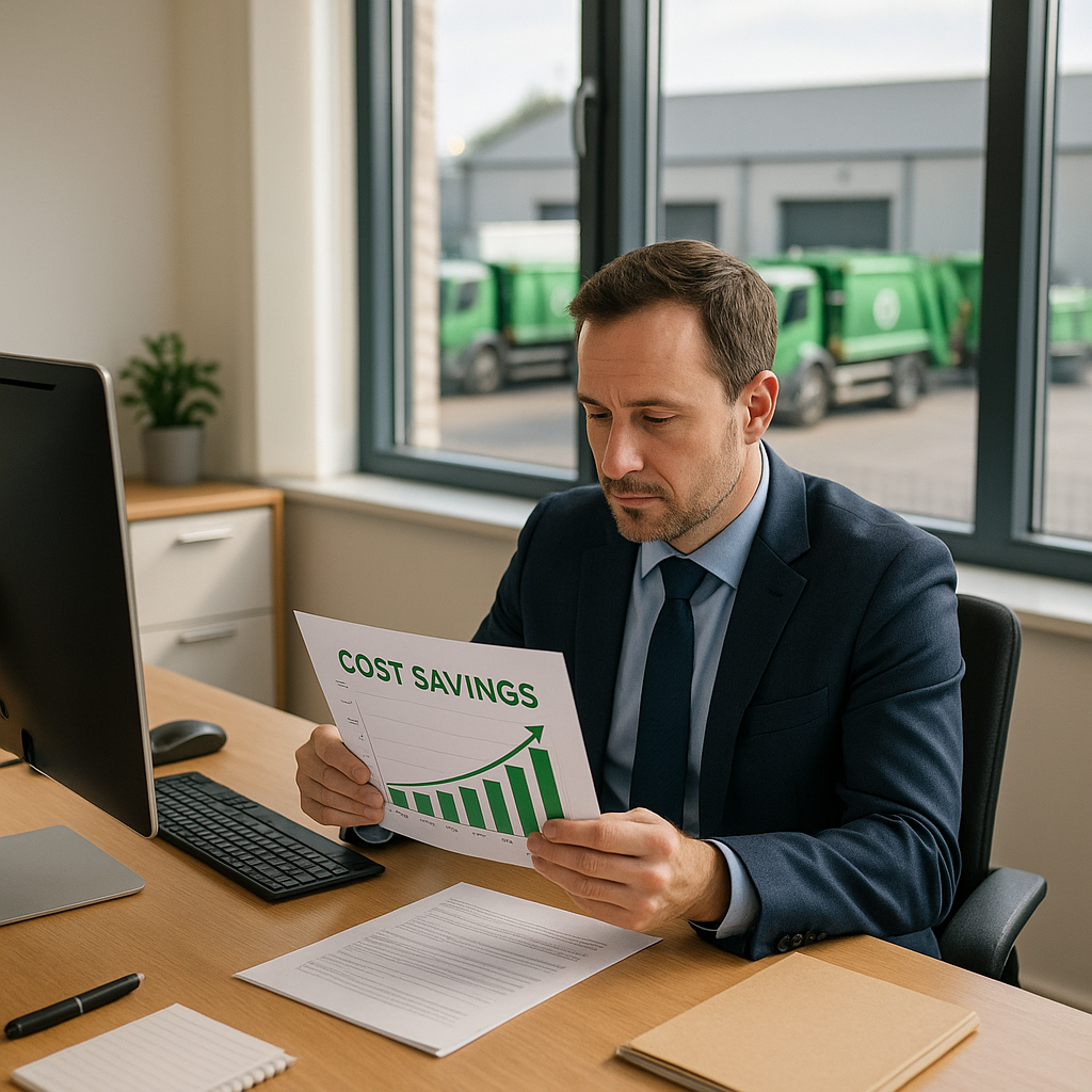 Business manager reviewing cost savings chart in office with a view of a clean factory and recycling trucks outside the window.