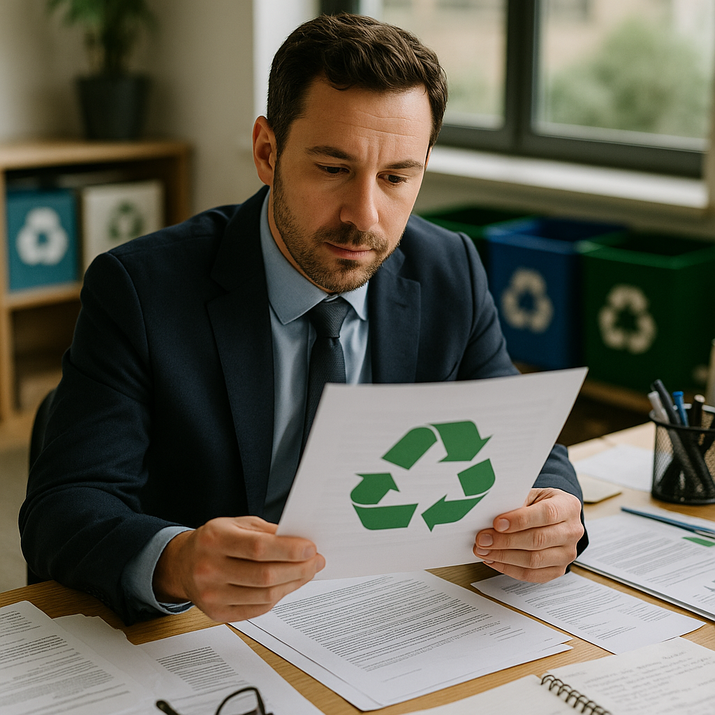 Business manager reviewing paperwork with a recycling logo, documents spread on an office desk with recycling bins in the background.