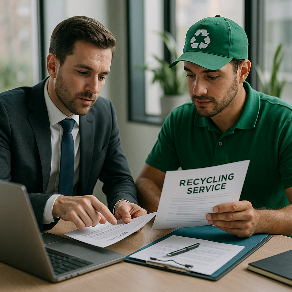 Business manager meeting with recycling service representative, reviewing contracts and service details in a modern office.