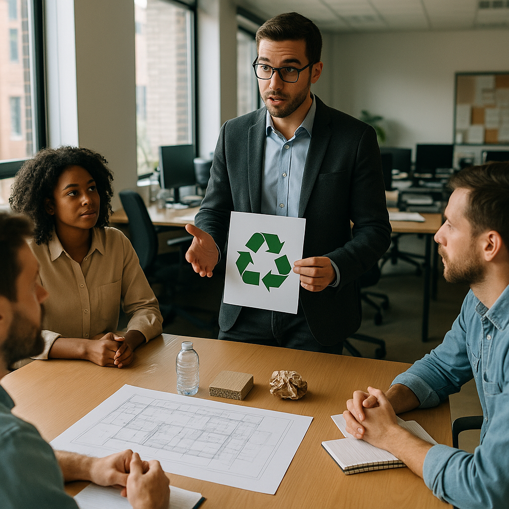 Business Manager Discussing Recycling Plan Business manager discussing recycling plan with team in office, with blueprint and recyclable samples on table.