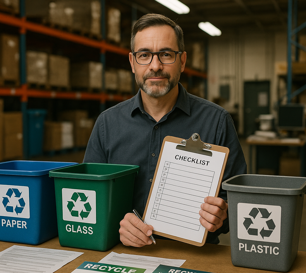 Business owner holding a checklist in a warehouse, surrounded by labeled recycling bins and incentive program brochures on a table.