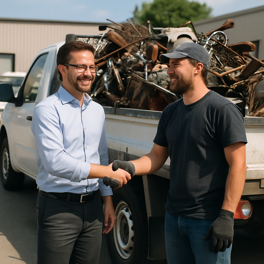 Business Owner and Scrap Metal Driver Handshake Business owner shaking hands with scrap metal pickup driver beside a loaded truck, both smiling on a sunny day.