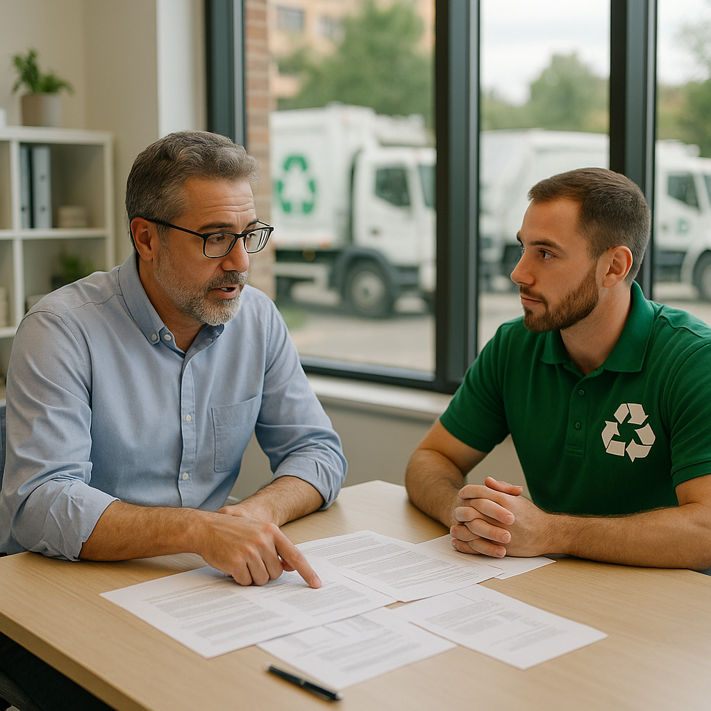 Business owner meeting with recycling company representative in a bright Houston office with branded trucks visible through the window.