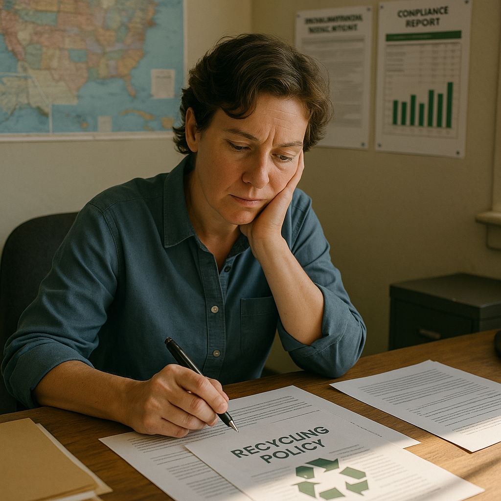 Business owner studying recycling policy documents in an office with a map and compliance charts on the wall, showing a thoughtful expression.