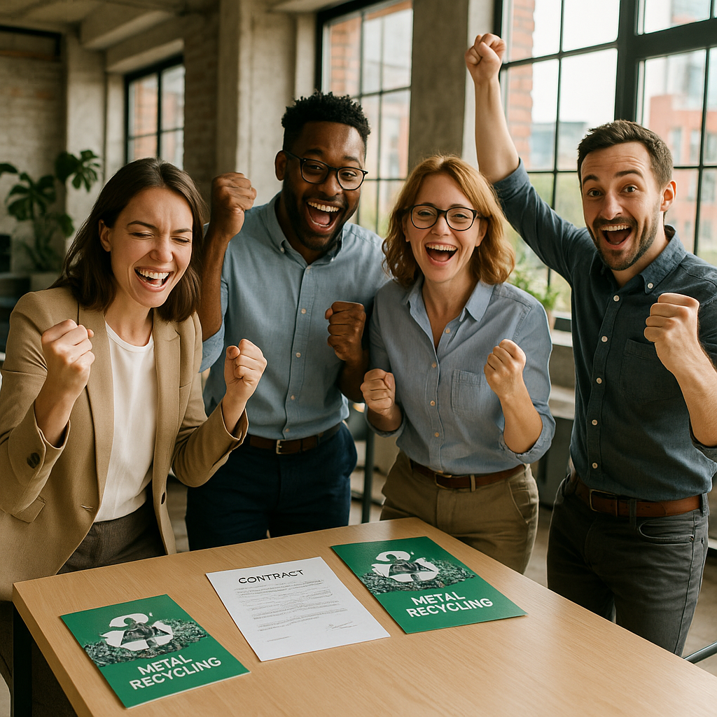 Business team celebrating successful recycling partnership in a bright industrial office with contract and metal recycling brochures displayed.