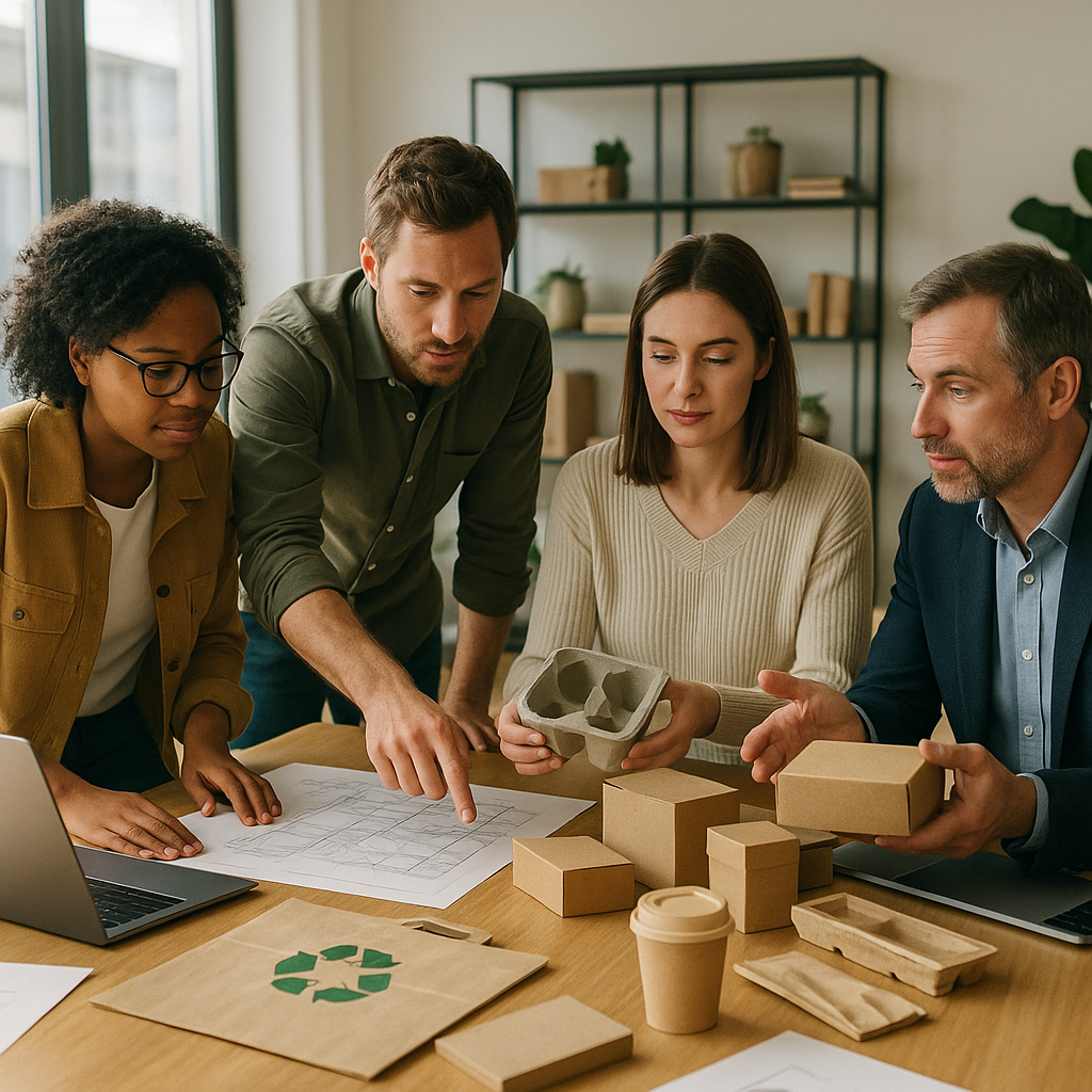 Collaboration and Sustainability in Business Business team collaborating over plans with samples of recycled products and reusable packaging on table in modern office