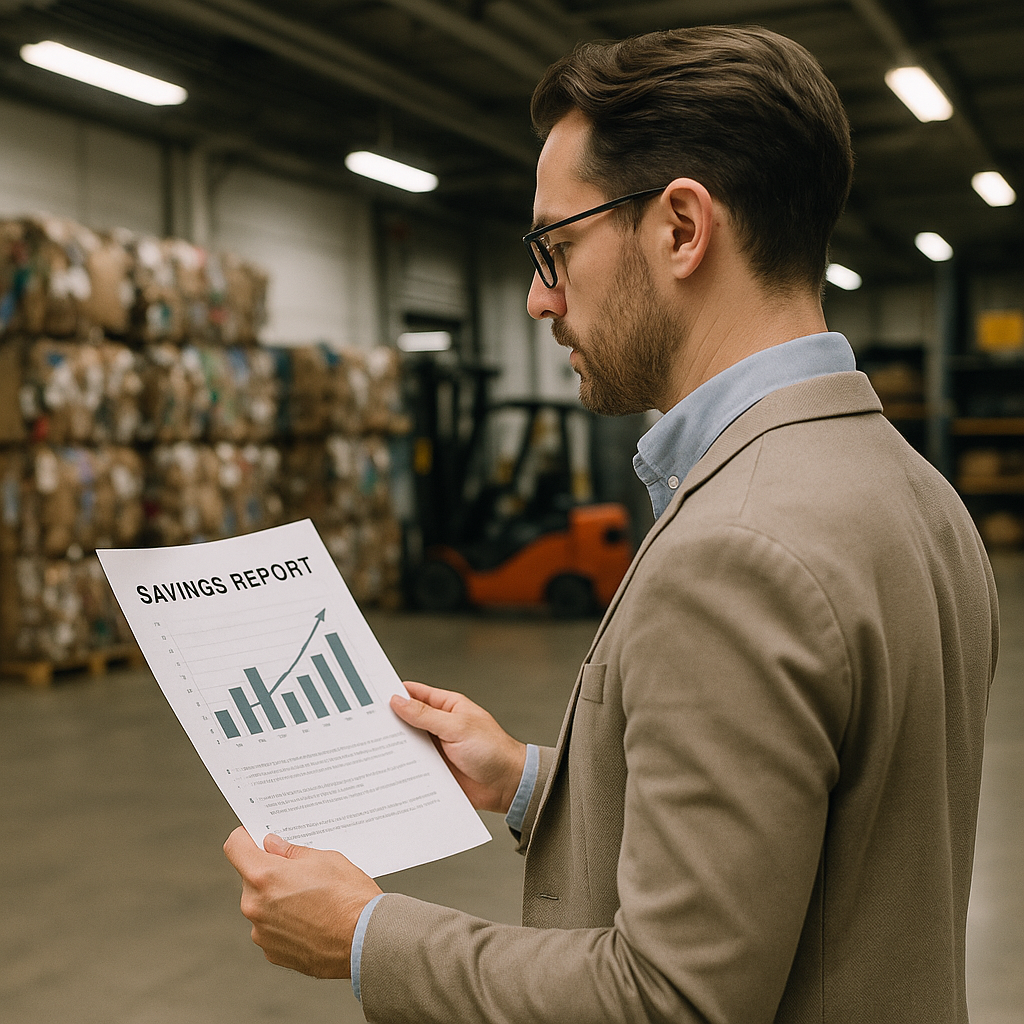 Businessperson analyzing savings report while standing near pallets of neatly stacked recyclable materials in a bright warehouse environment.