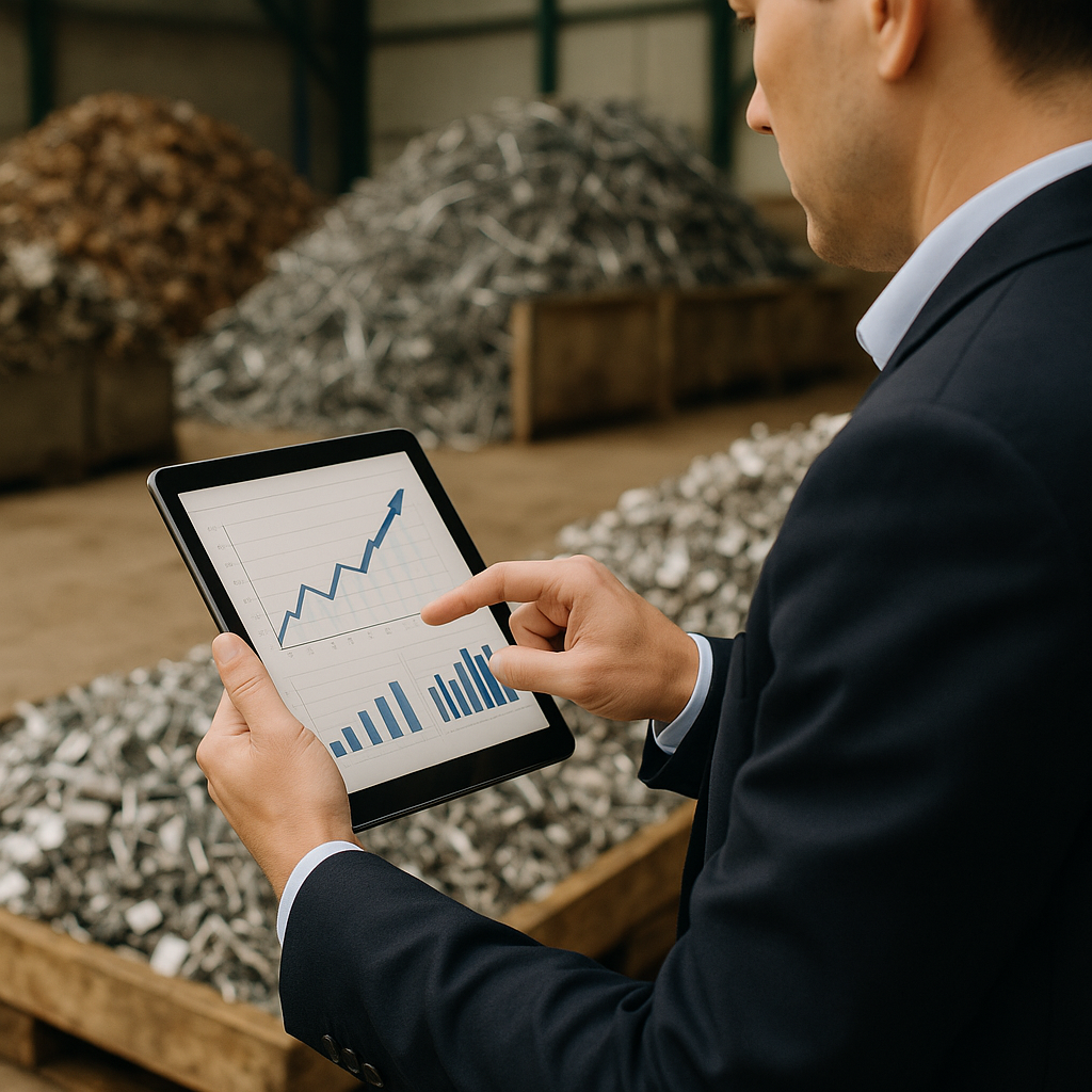 Businessperson examining high-quality sorted metal in recycling center with a digital tablet displaying rising value graphs.