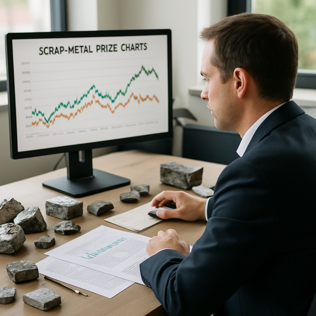 Businessperson analyzing scrap metal price charts on a computer screen, surrounded by metal samples and financial documents at a modern desk.