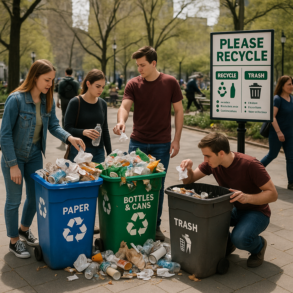 A busy city park with overflowing recycling bins, people recycling correctly, and others improperly disposing of waste, with public awareness signs visible.