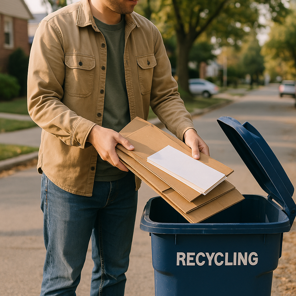Curbside Recycling Effort Person placing clean, flattened cardboard boxes and paper sheets into a labeled curbside recycling bin in an outdoor setting.