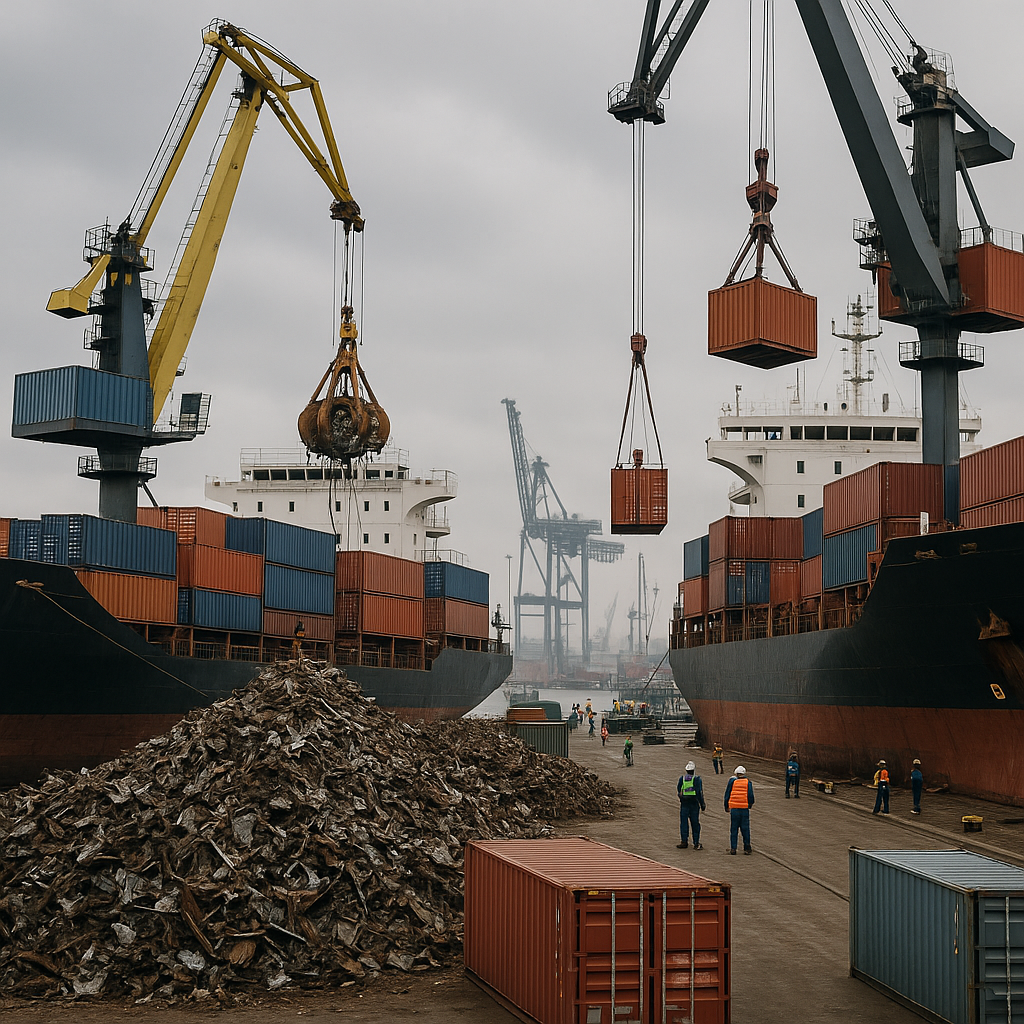 Busy International Port with Cargo Ships and Scrap Metal Large cargo ships unloading metal containers at an international port with stacks of scrap metal visible under an overcast sky.
