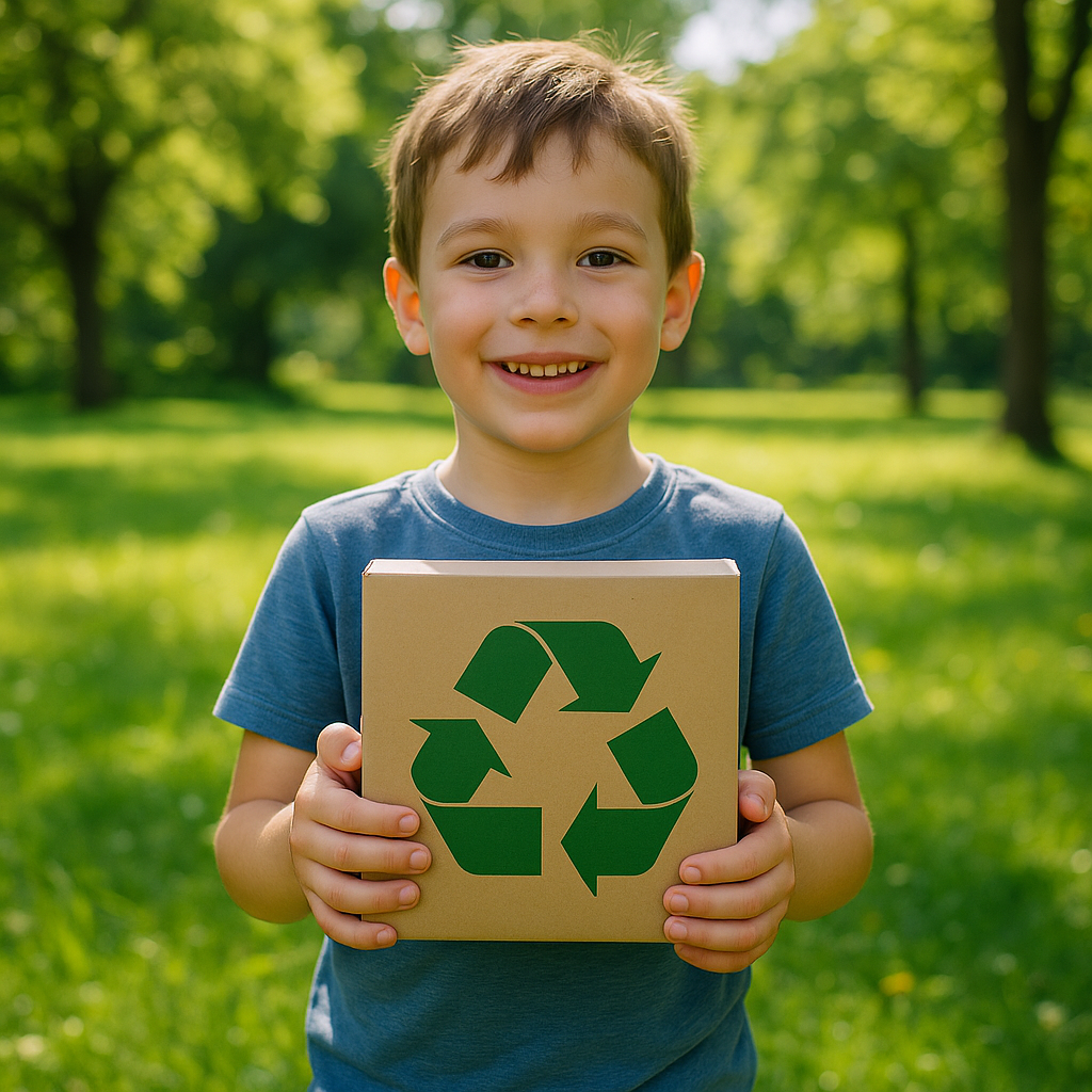 Child in Park with Recycling Symbol Child holding a product featuring a recycling symbol in a lush green park under sunlight, radiating a hopeful and positive atmosphere.