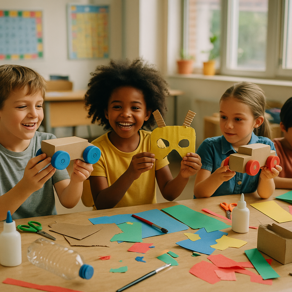 Crafting Fun in the Classroom Children happily making crafts, building toy cars and masks from cardboard and plastic bottles in a bright classroom.