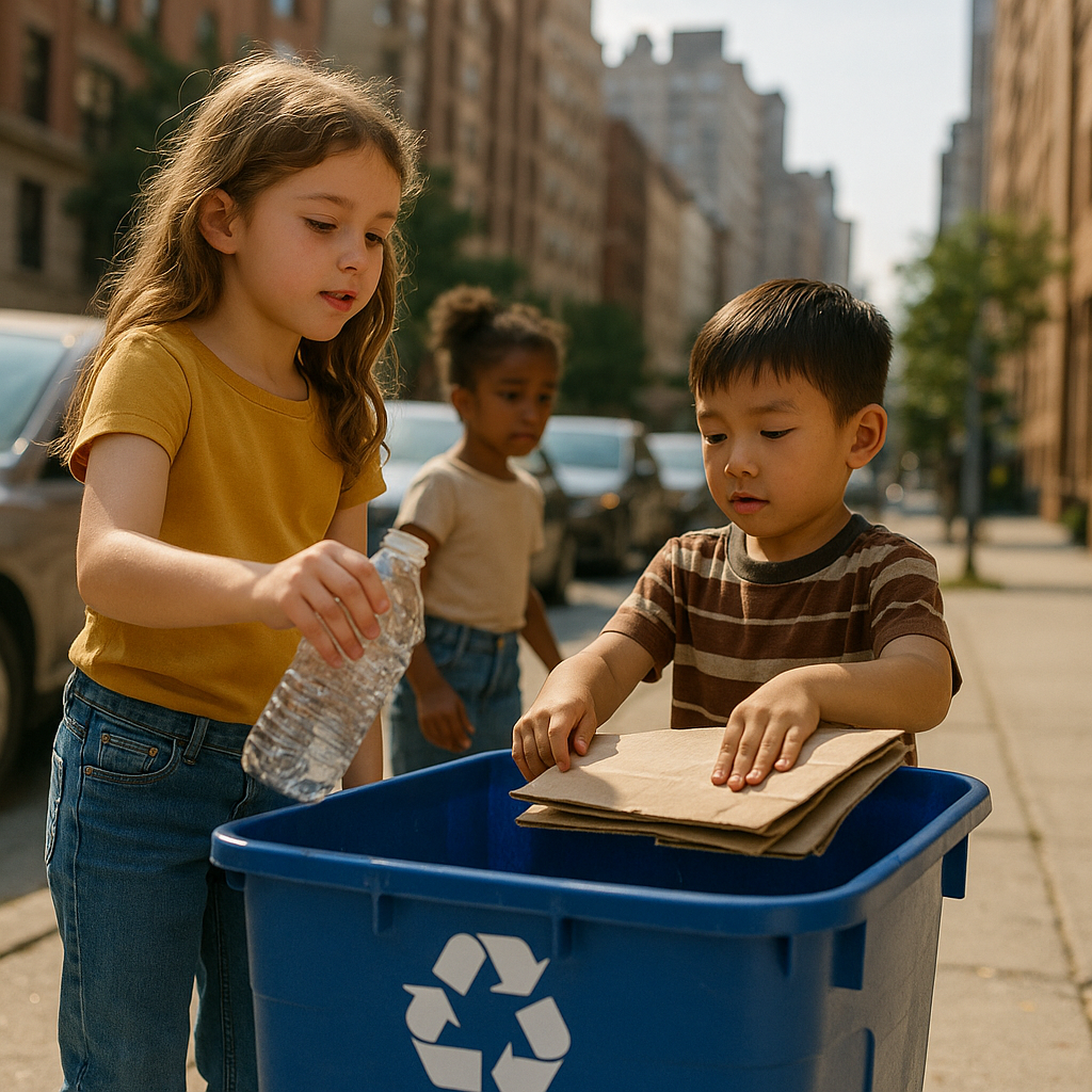 Children placing plastic and paper into a curbside recycling bin with a cityscape in the background.