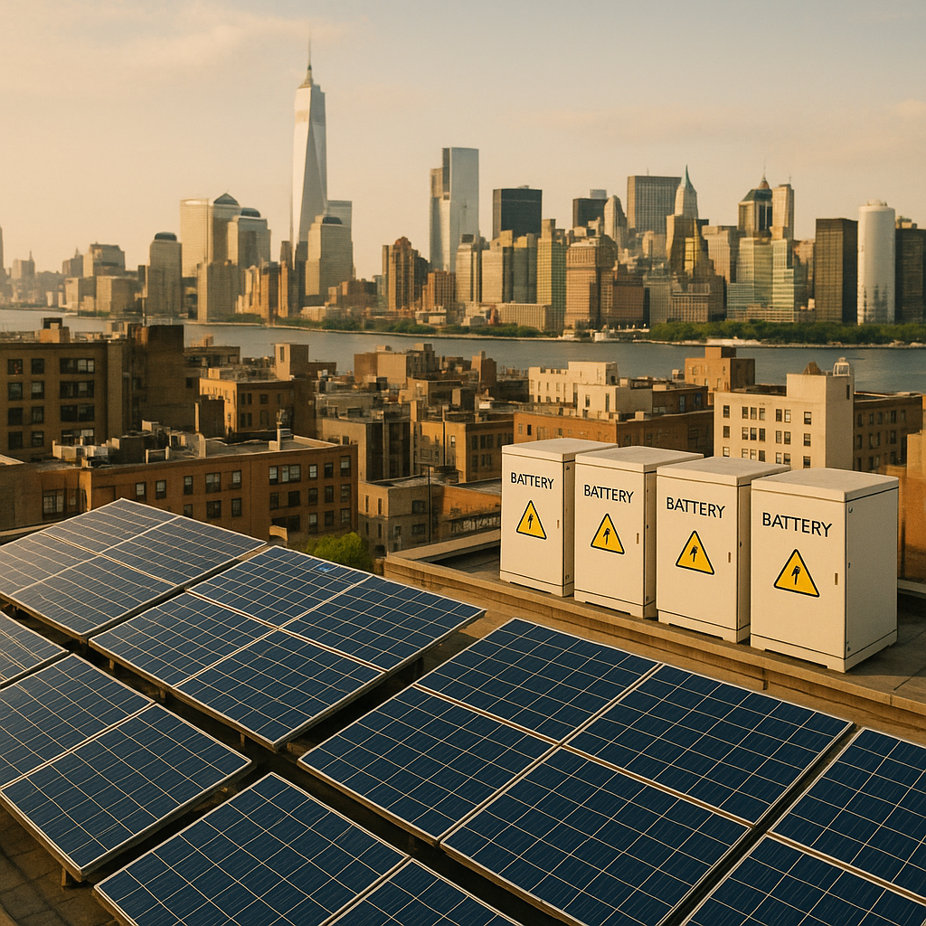 City Skyline with Solar Panels and Battery Storage City skyline featuring solar panels and reused battery storage units under a bright sky symbolizing a clean energy future.