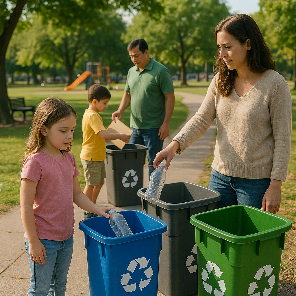 Clean city park with recycling bins and lush green trees, featuring children and adults properly disposing of recyclables.