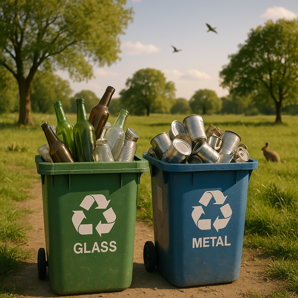Clean Landscape with Recycling Bins and Thriving Wildlife Clean landscape with healthy trees, a clear sky, and recycling bins overflowing with glass and metal items, with wildlife thriving in the background.