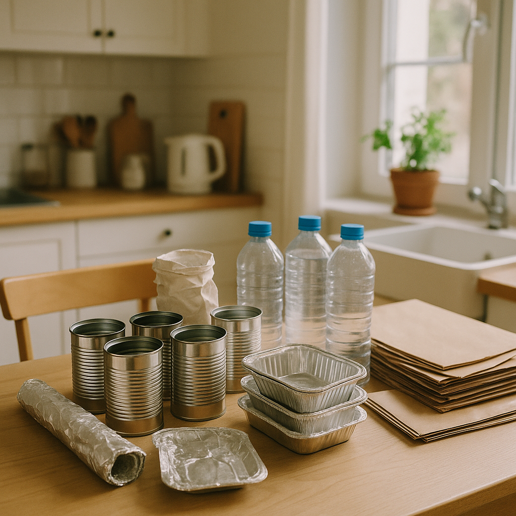 A neat arrangement of clean, empty aluminum cans, trays, and foil alongside recyclable items like plastic bottles and paper on a kitchen table in a bright household interior