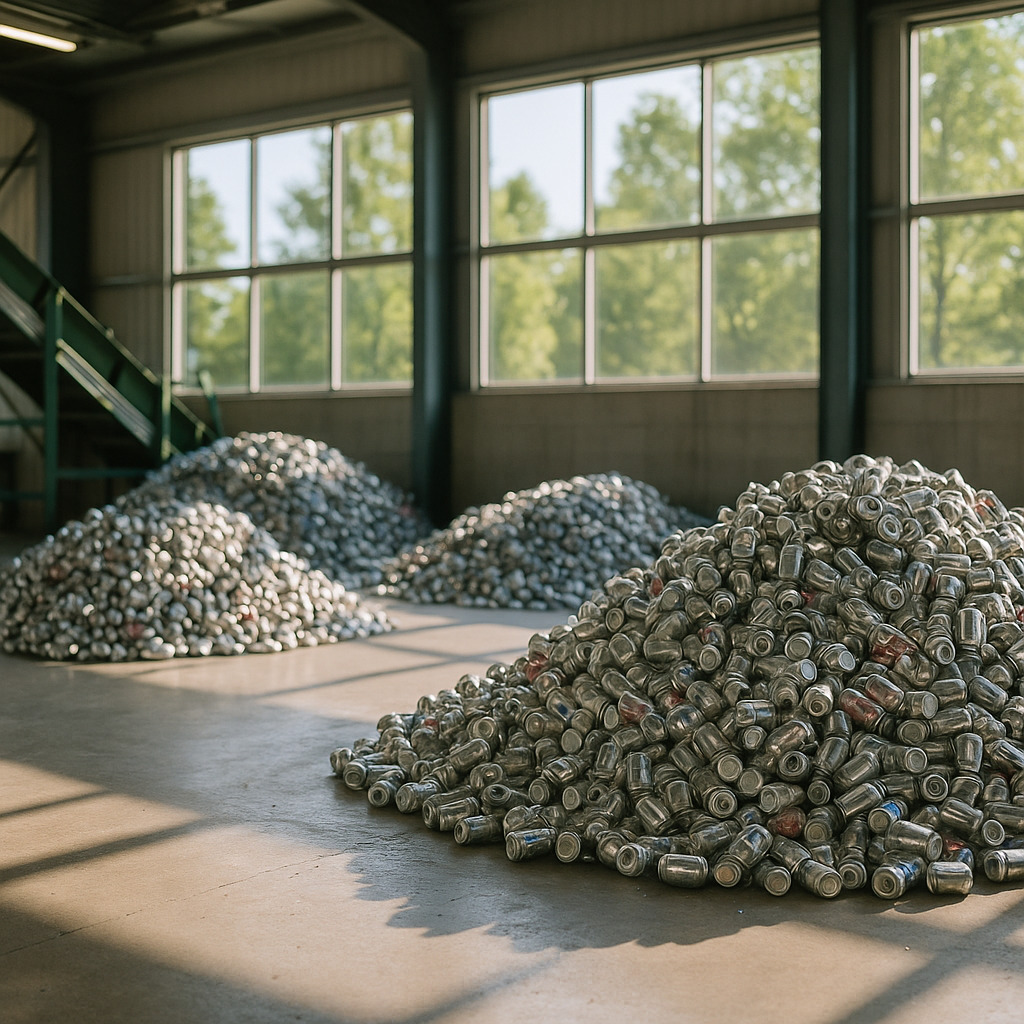 Clean recycling facility with sorted aluminum cans and sunlight streaming through windows.