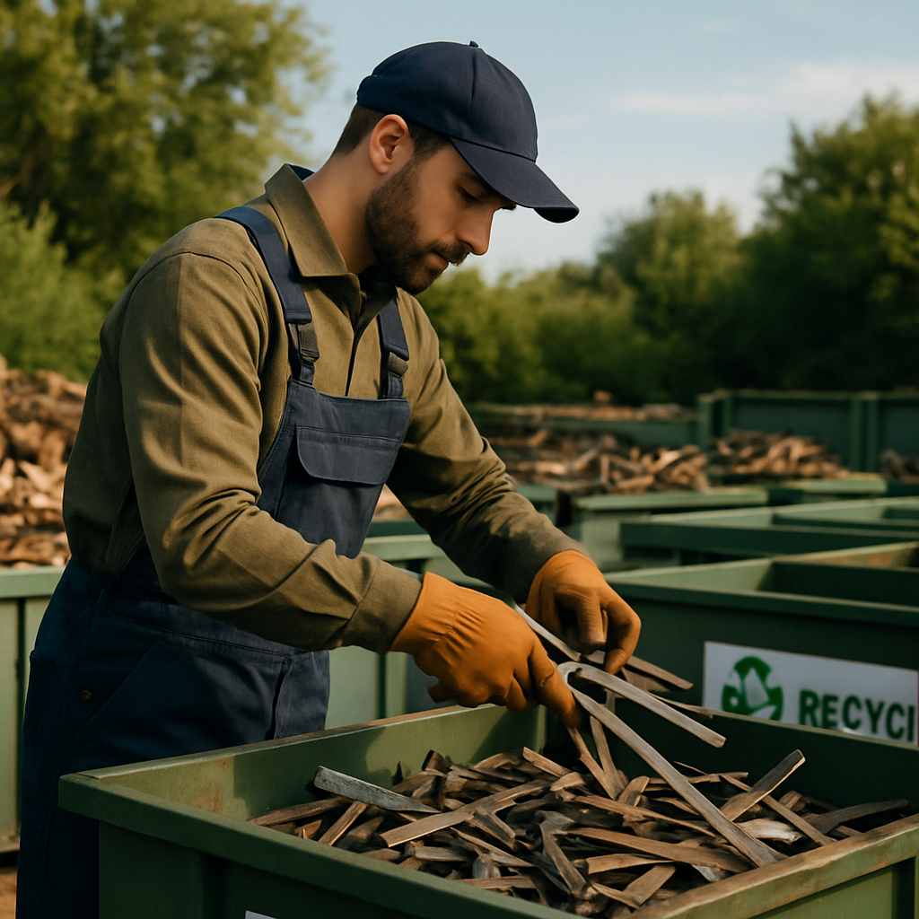 Eco-Friendly Scrapyard Process Scrapyard worker placing metal scraps into designated bins with green foliage and a clear sky in the background