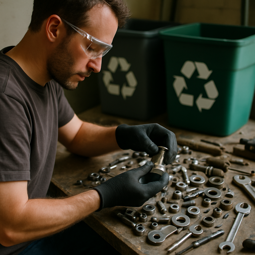 Sorting Cleaned Metal Items Person wearing gloves sorting through cleaned metal items on a workbench with safety goggles and recycling bins visible.