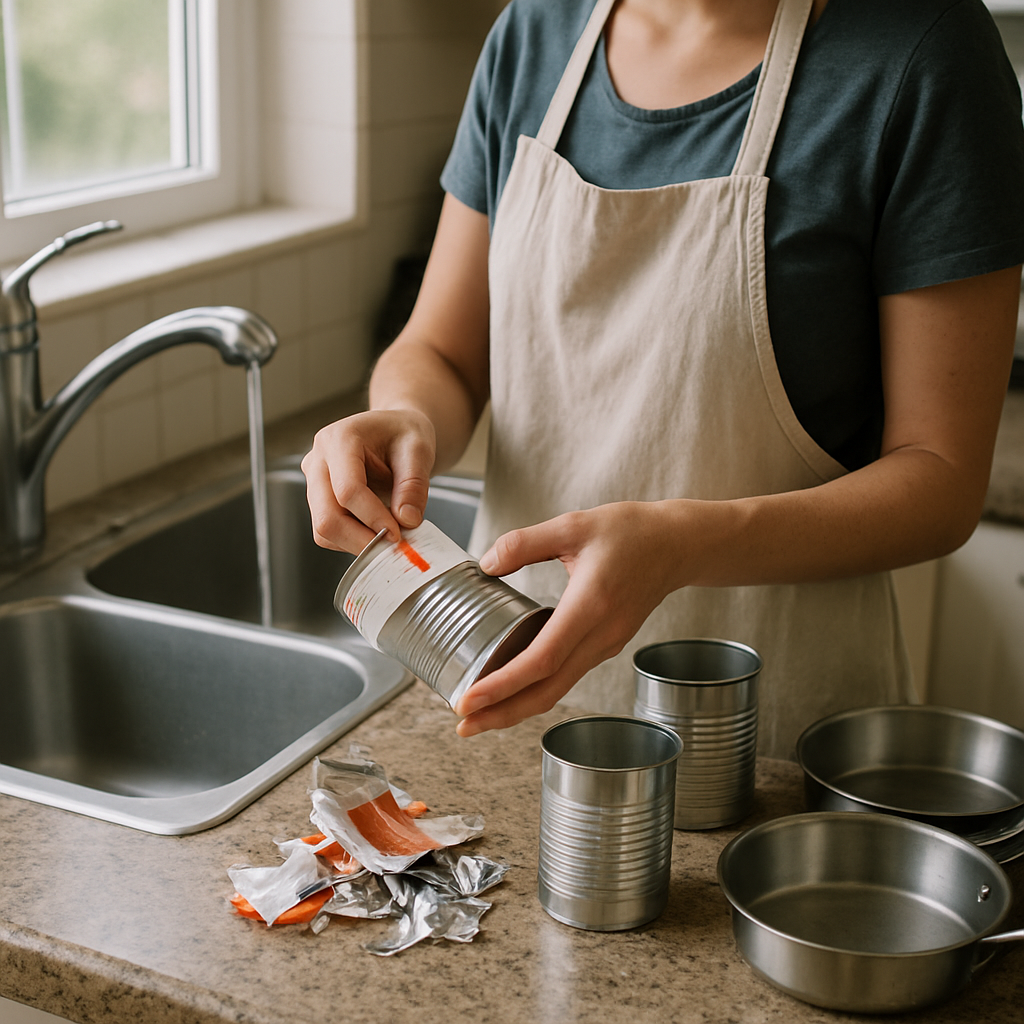 Cleaning Metal Cans in Kitchen Person cleaning and removing labels from metal cans at kitchen sink, with steel pans and metal scraps neatly separated on counter.