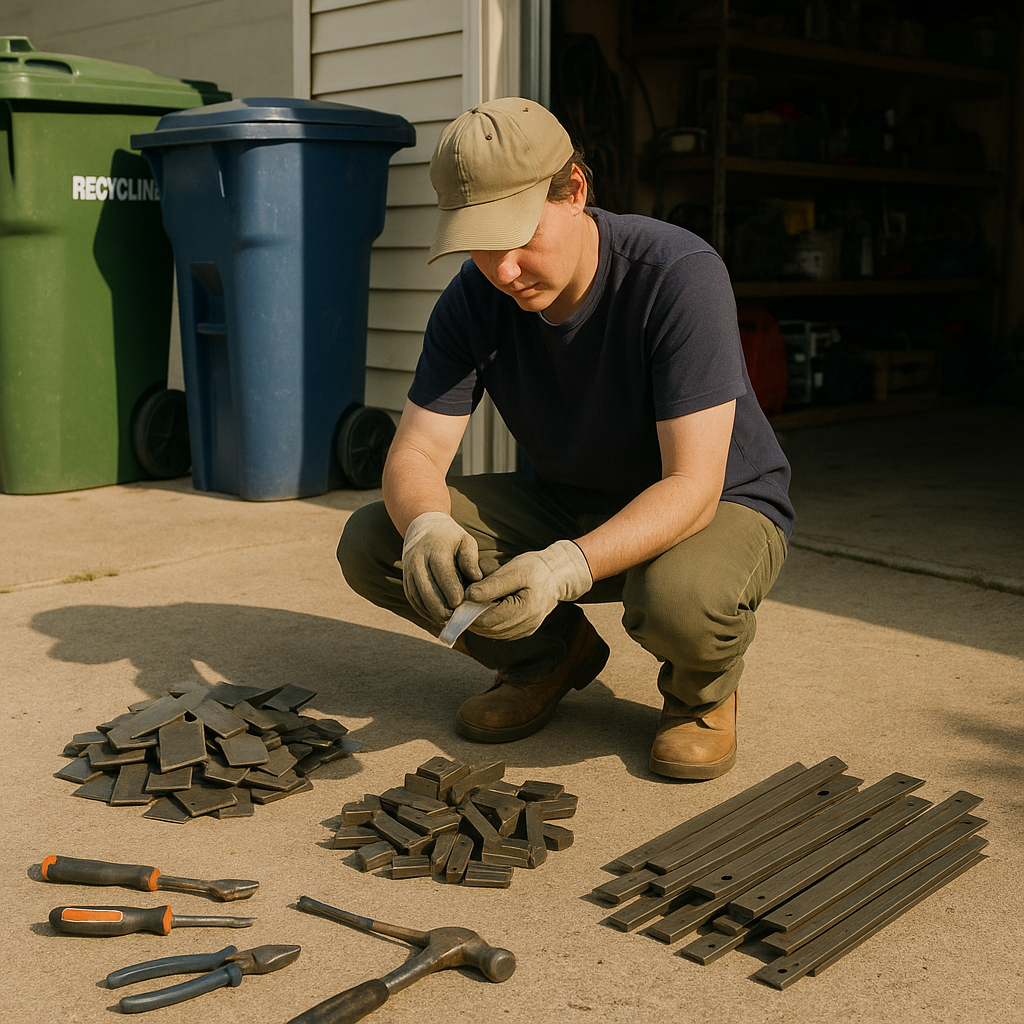 Sorting Metal Pieces in Garage Person wearing gloves sorting and cleaning metal pieces into separate piles beside their garage, with bins and tools nearby.