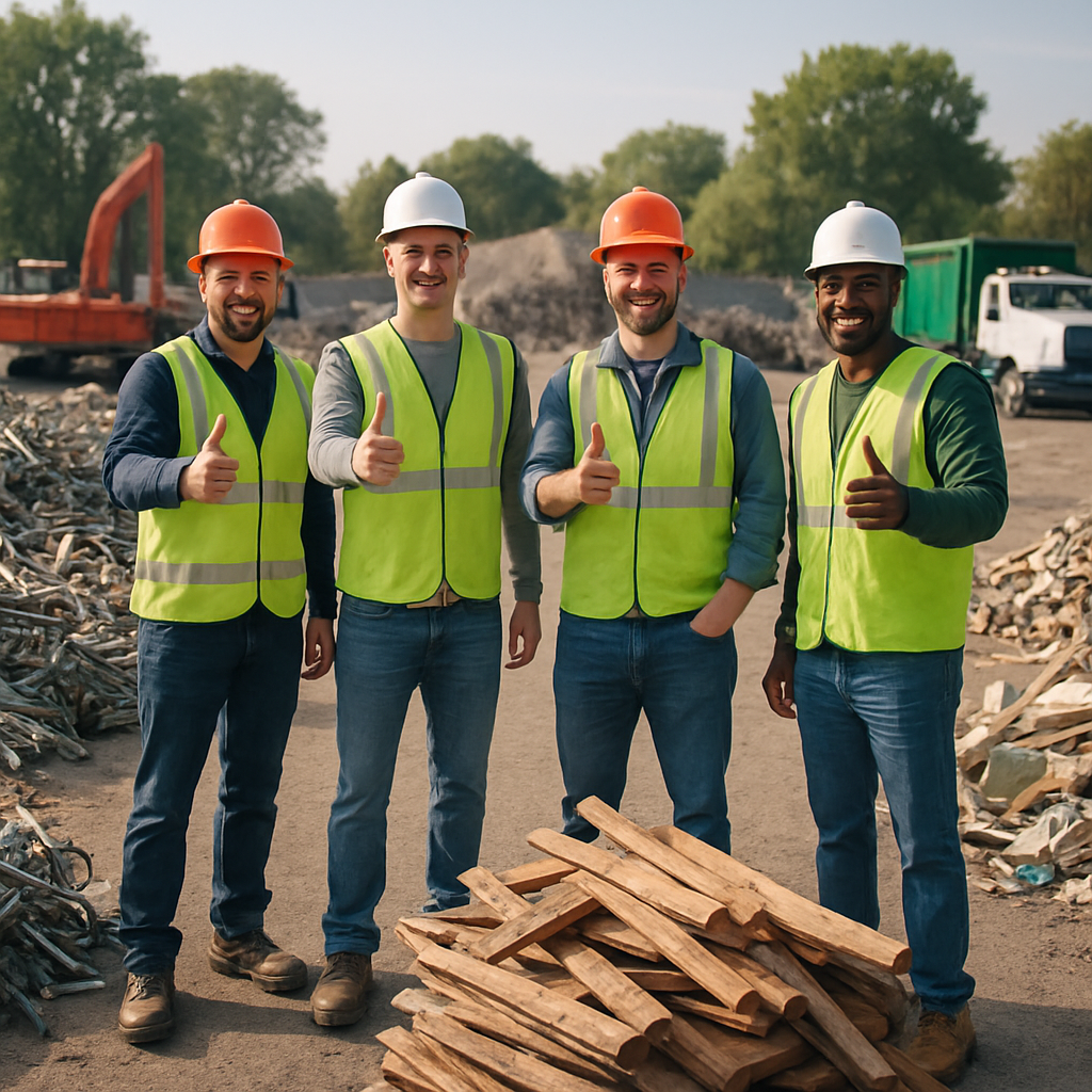Eco-Friendly Demolition Site with Recyclable Materials A cleared demolition site with sorted recyclable materials and workers giving thumbs up, showcasing an eco-friendly atmosphere.
