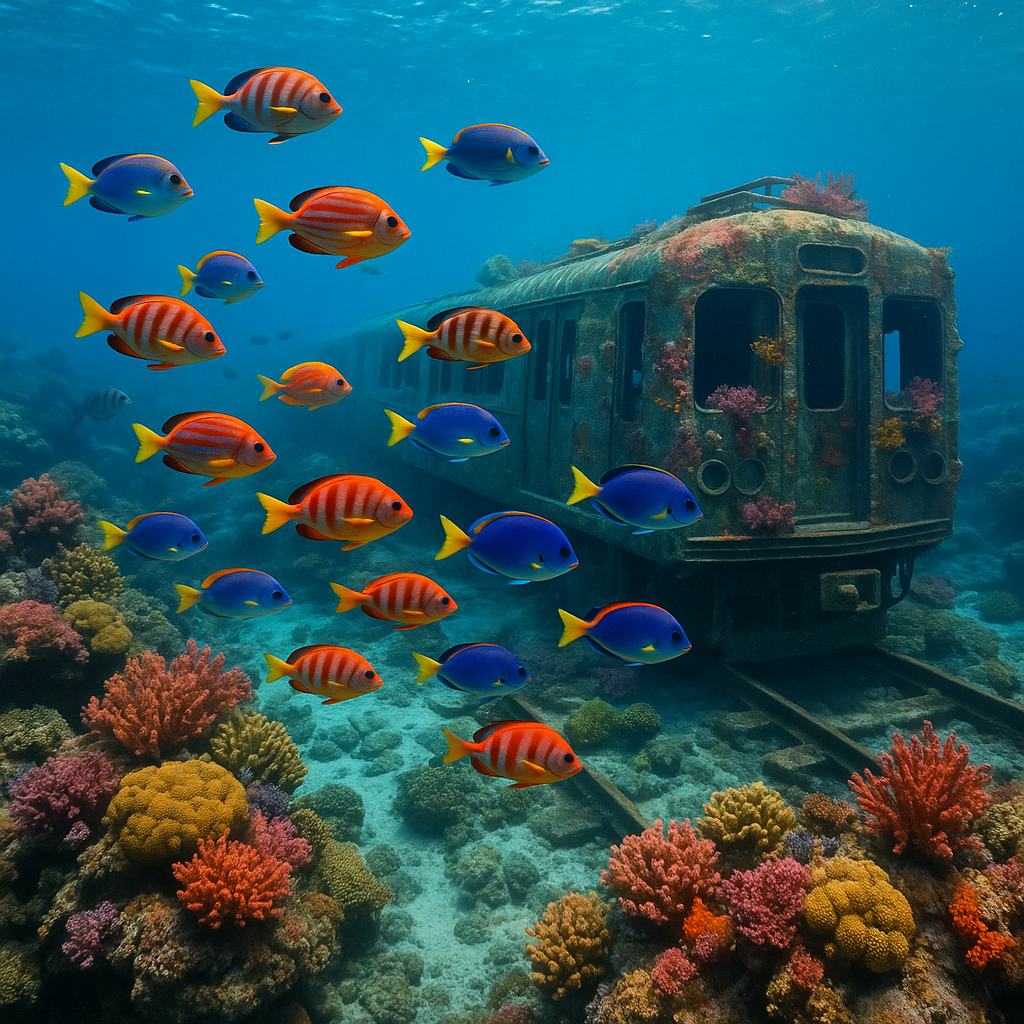 A school of colorful fish swimming among submerged subway cars covered in corals on the ocean floor with clear blue water and sunlight filtering down.
