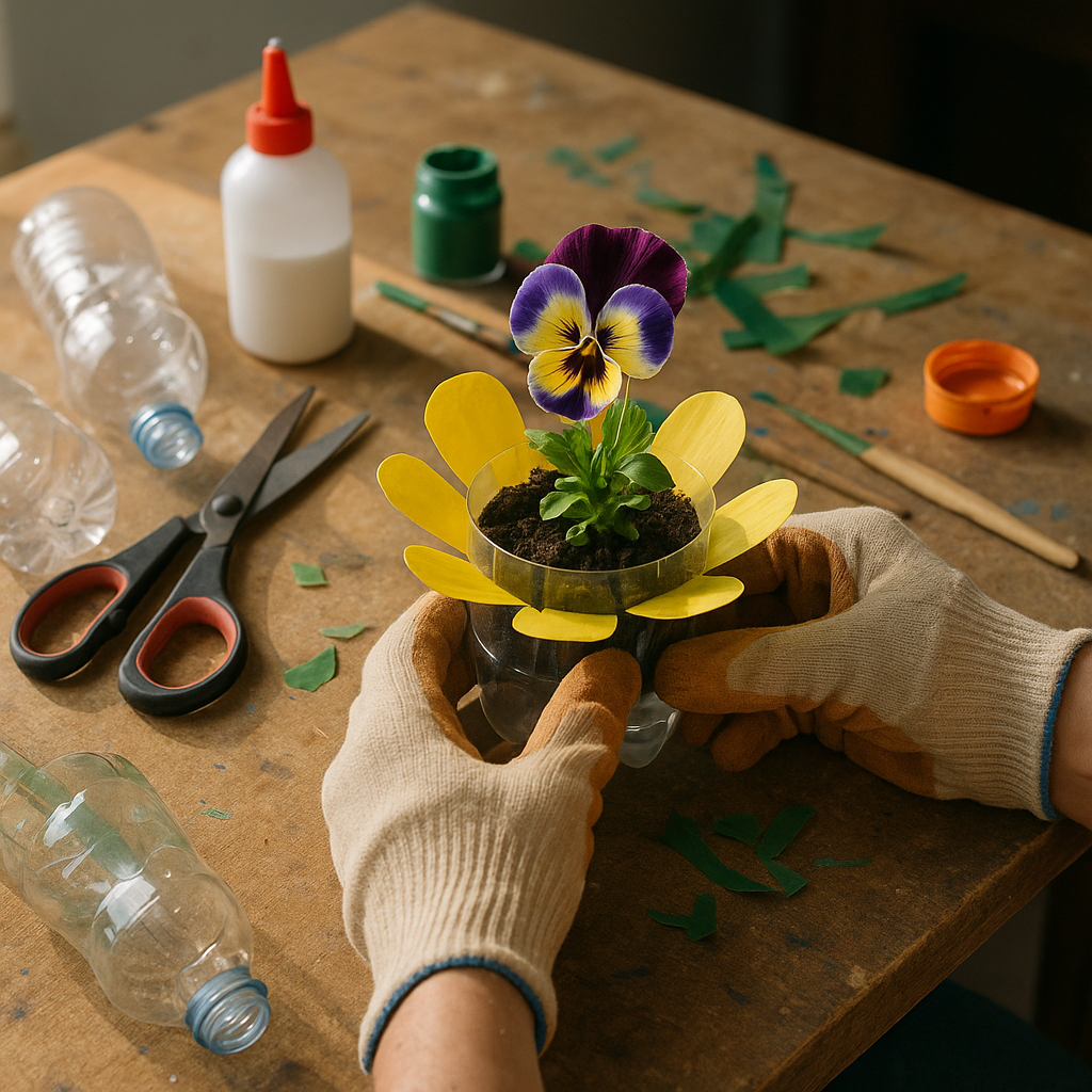 Transforming Plastic Bottles into Flower Planters A pair of hands transforming empty plastic bottles into a colorful flower planter on a worktable, surrounded by craft tools and materials.