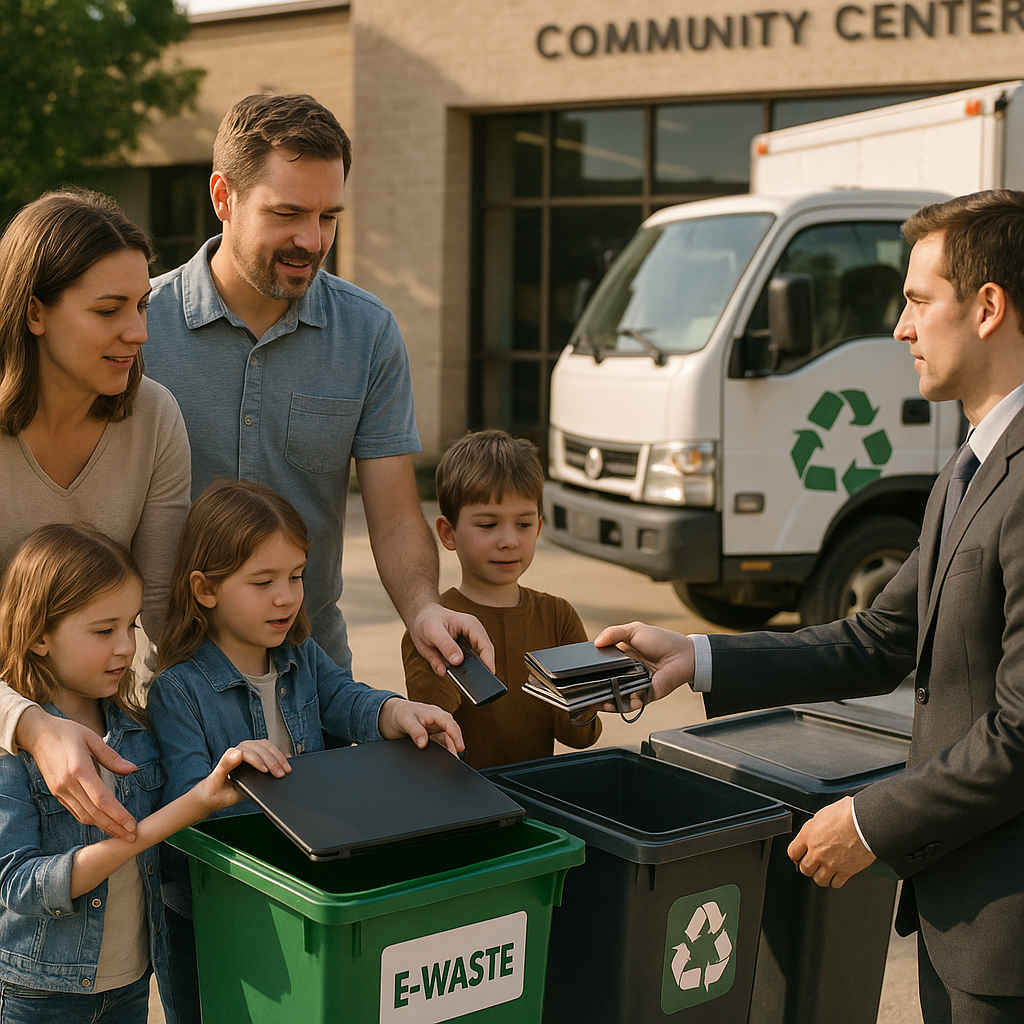 Family dropping old laptops and phones into an e-waste collection bin at a community center, while a businessperson hands electronics to a recycling truck driver.