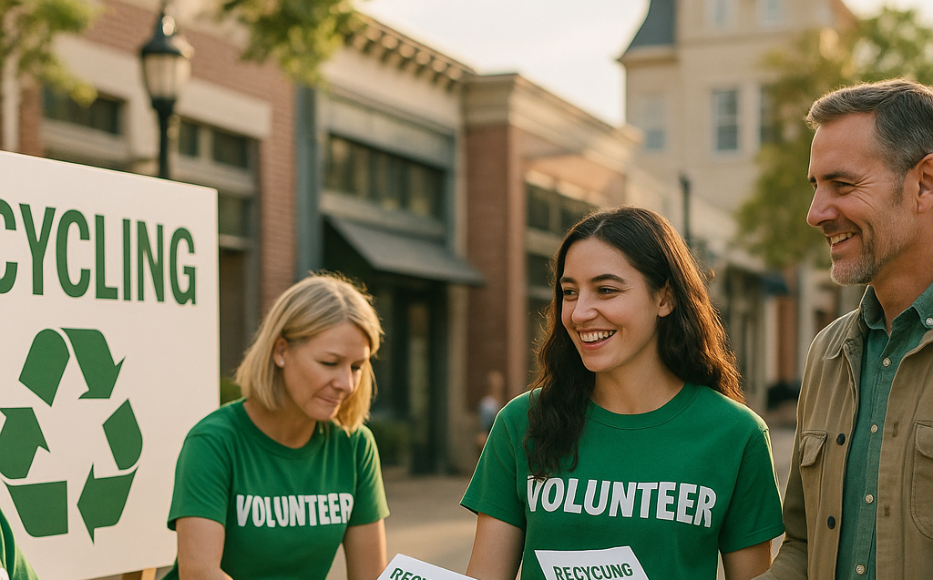 Community leaders and volunteers organizing recycling bins and handing out flyers at a local town center with clear signage and friendly interaction.