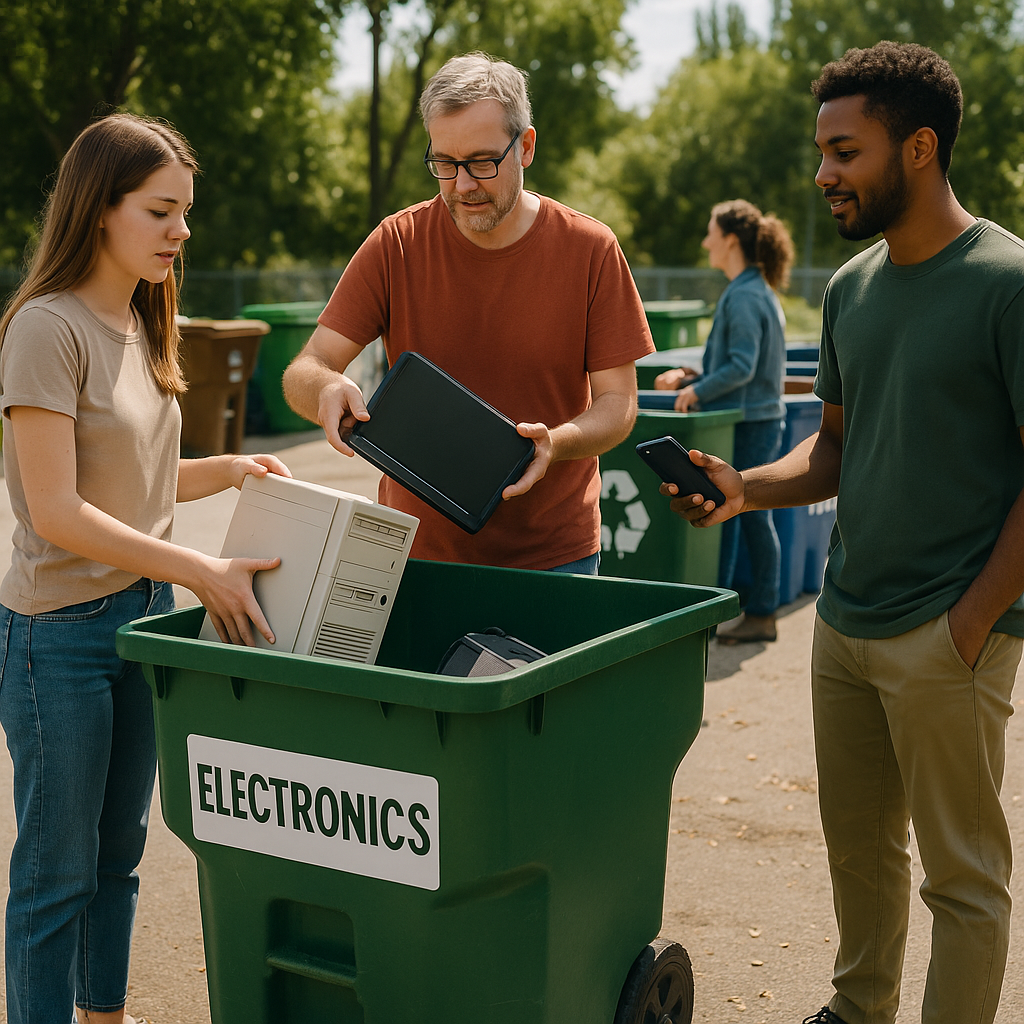 Community Recycling Center for Electronics People dropping off old computers and phones at a community recycling center with bins labeled for electronics in a sunny outdoor setting.