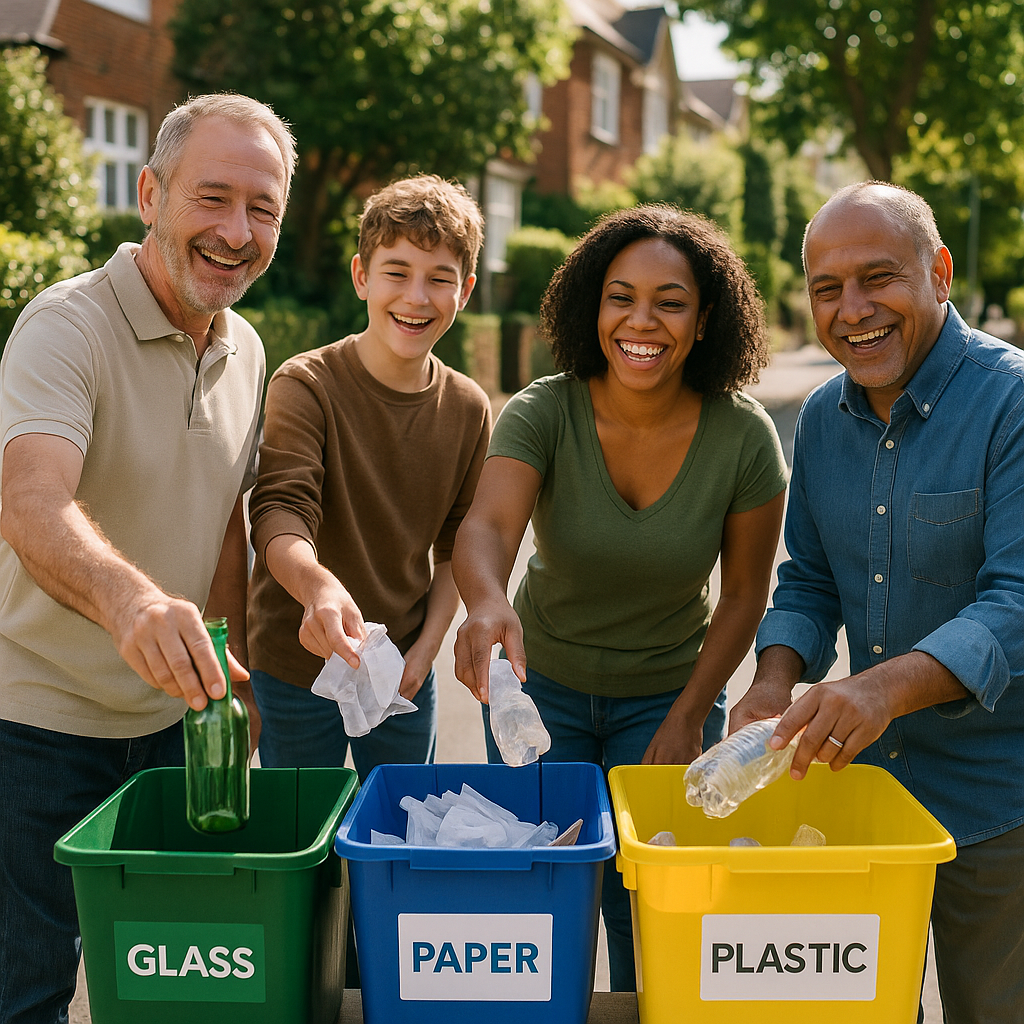 Community members smiling and placing recyclables into color-coded bins outdoors on a clean neighborhood street under sunlight.