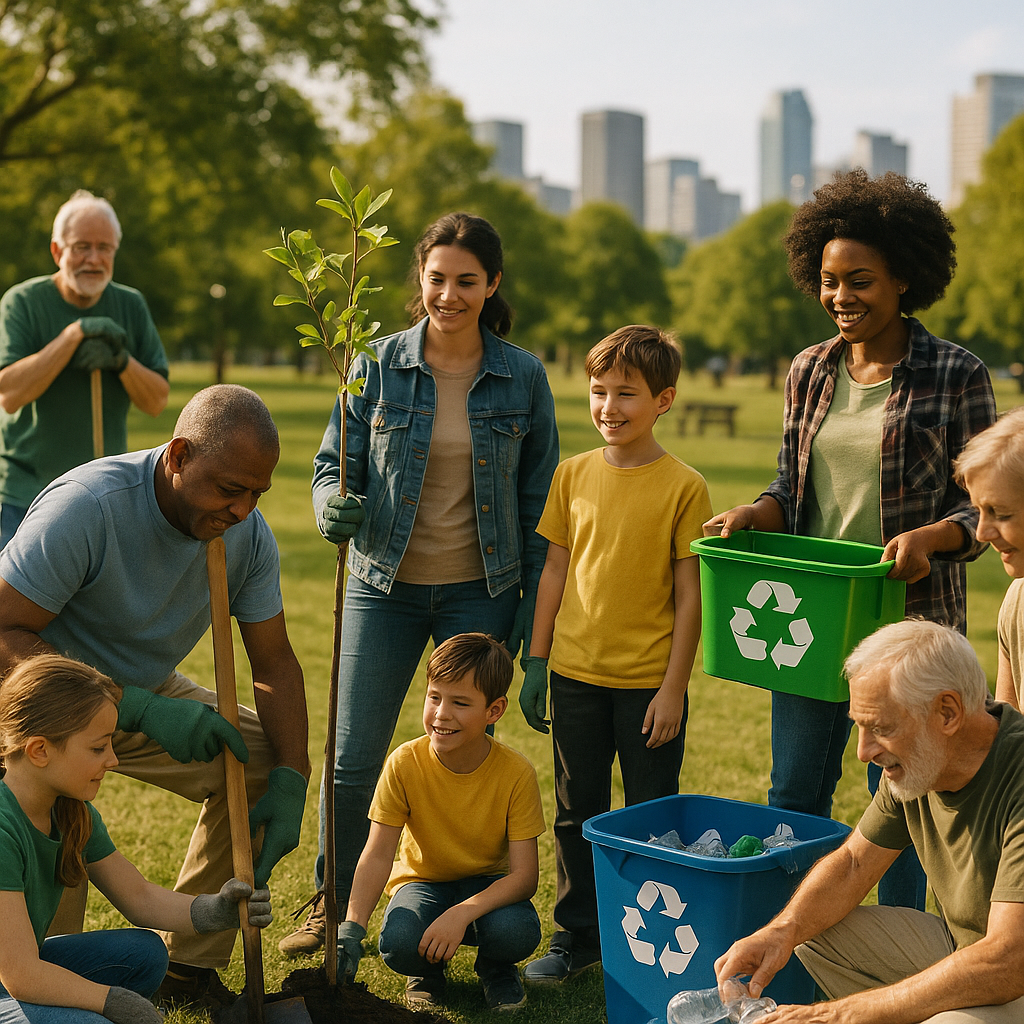 A diverse community planting trees and collecting recyclables together in a sunny city park.