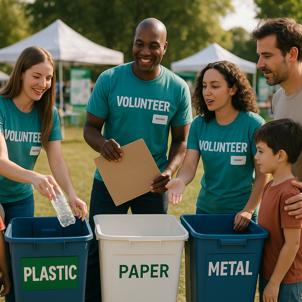 Community Volunteers Teaching Recycling Community volunteers demonstrate proper recycling by teaching families to sort clean recyclables into marked bins at an outdoor event.