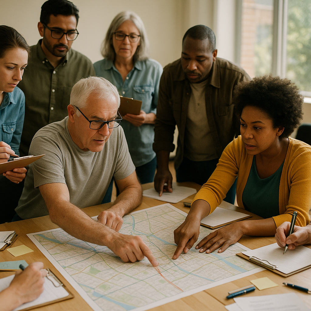 Community members and organizers discussing around a large city map on a table in a bright communal room.