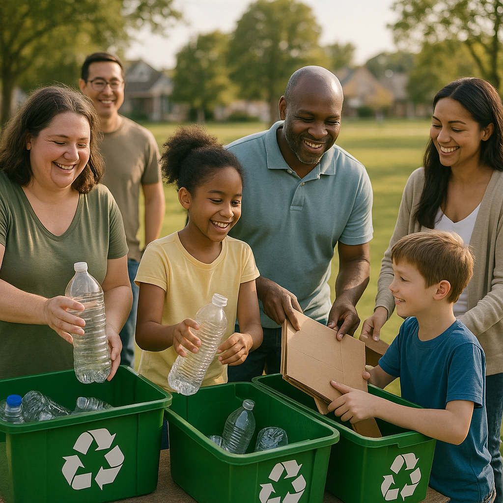 Diverse group of neighbors smiling while participating in a community recycling event, with children and adults sorting items together, showcasing teamwork.