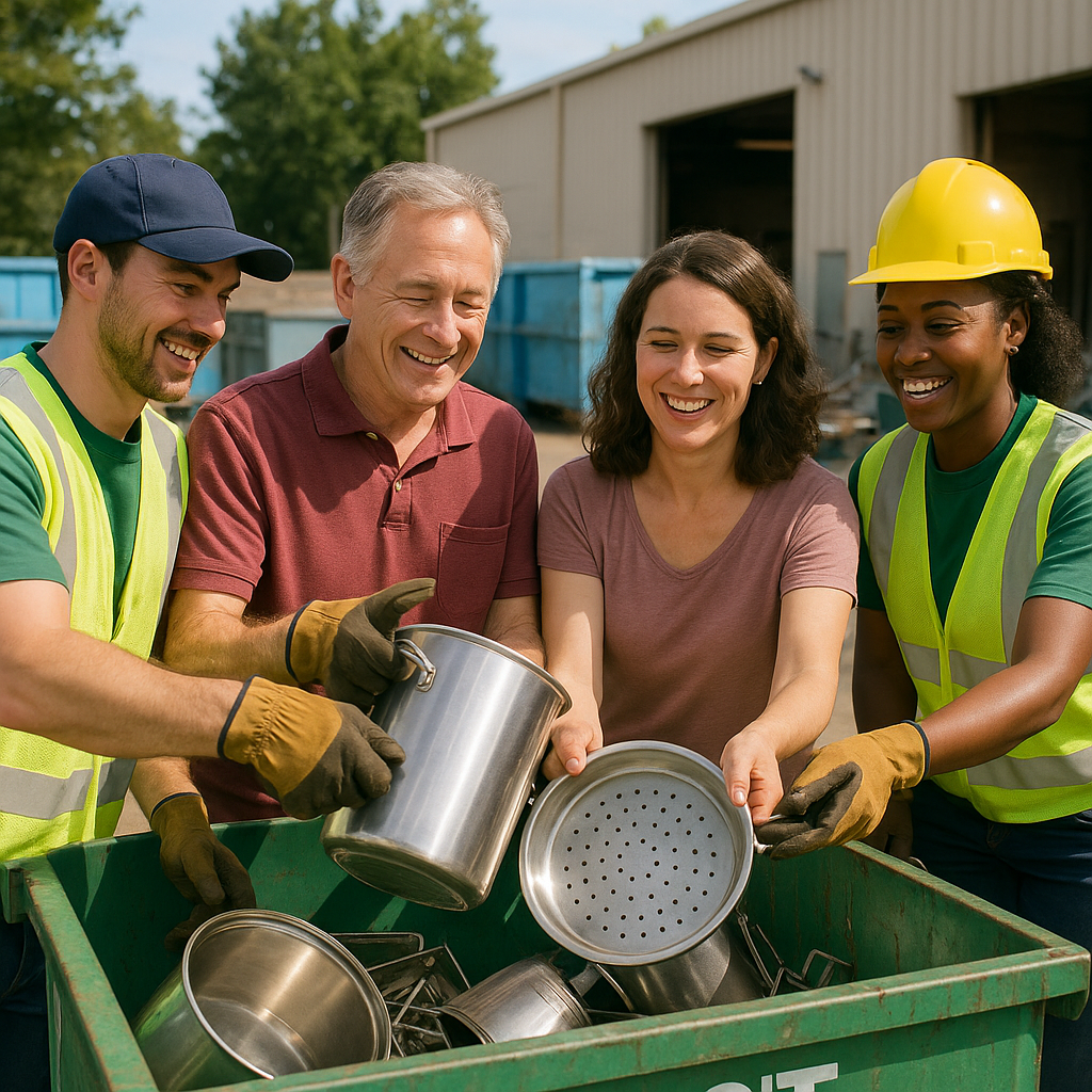 Community Members at Recycling Facility Community members smiling as they deposit metal items at a recycling facility with assistance from workers on a sunny day, showcasing teamwork.