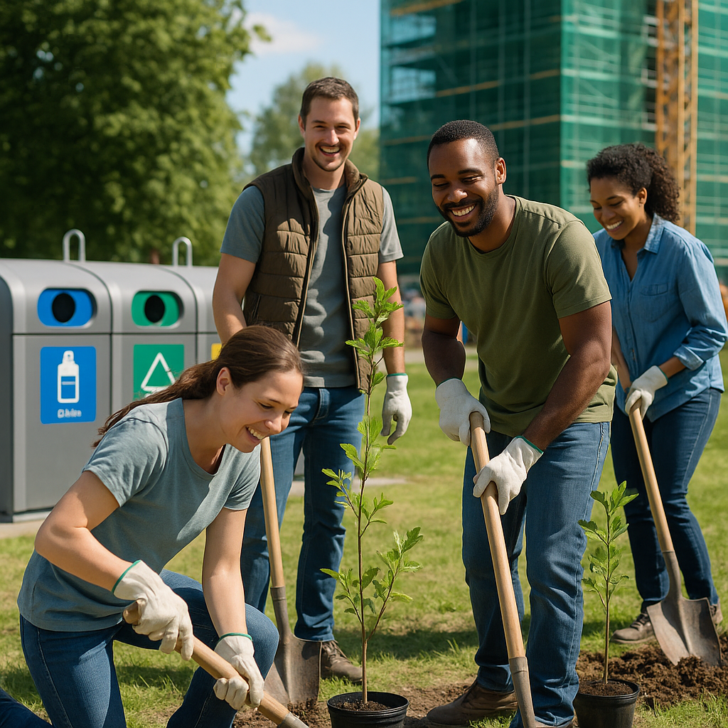 Community Workers Planting Trees Community workers planting trees and smiling near recycling bins at a green construction site under bright sunlight, showcasing teamwork and optimism.