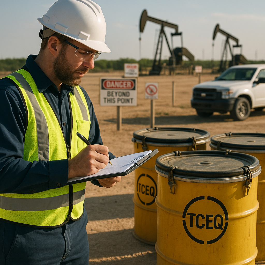 Compliance officer inspecting sealed waste containers at an oilfield site with a clipboard and TCEQ logo