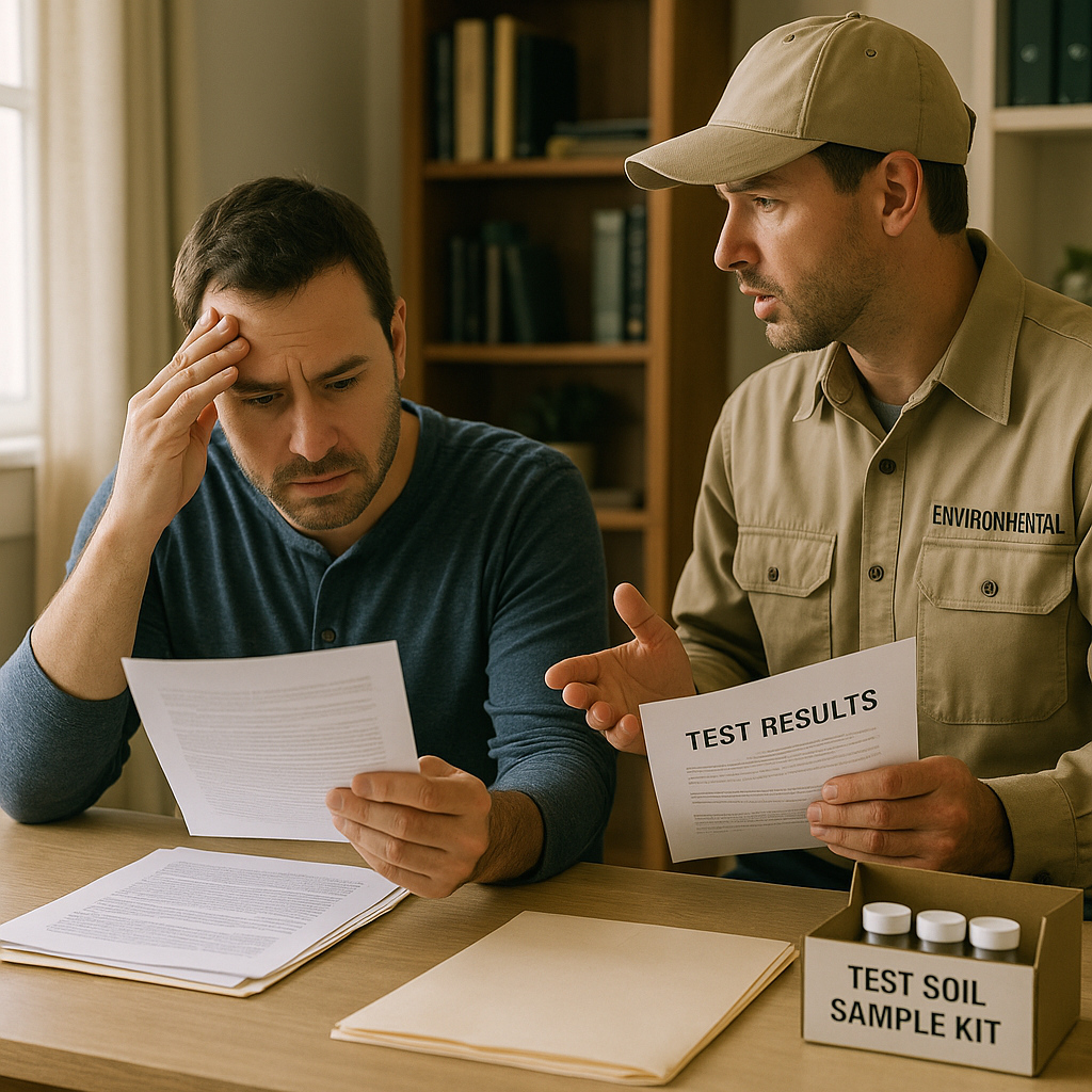 Concerned homeowner at desk reviewing papers with environmental inspector discussing contamination test results, visible legal documents and a test soil sample kit.
