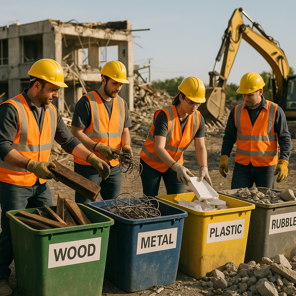 Construction crew sorting demolished materials into separate containers for recycling at a modern demolition site under a clear sky.