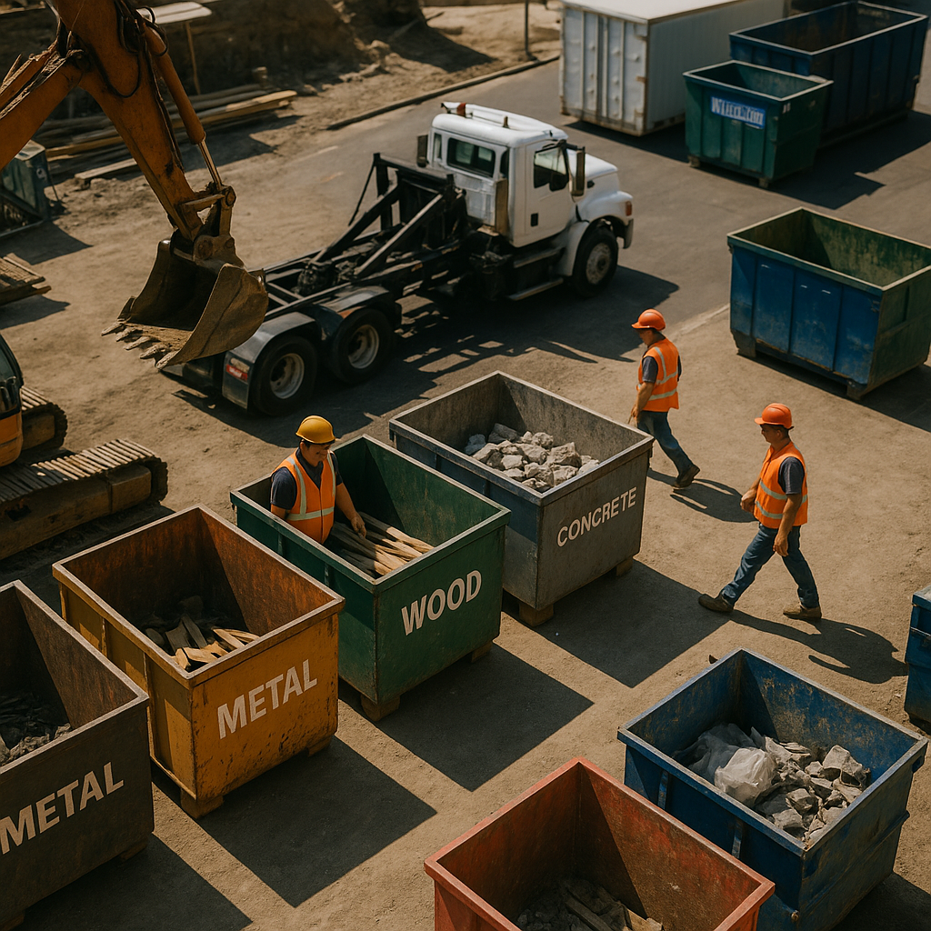 Overhead View of Construction Site with Recycling Efforts Overhead view of a construction site with bins and equipment for on-site recycling beside a busy area with trucks and containers for off-site recycling.