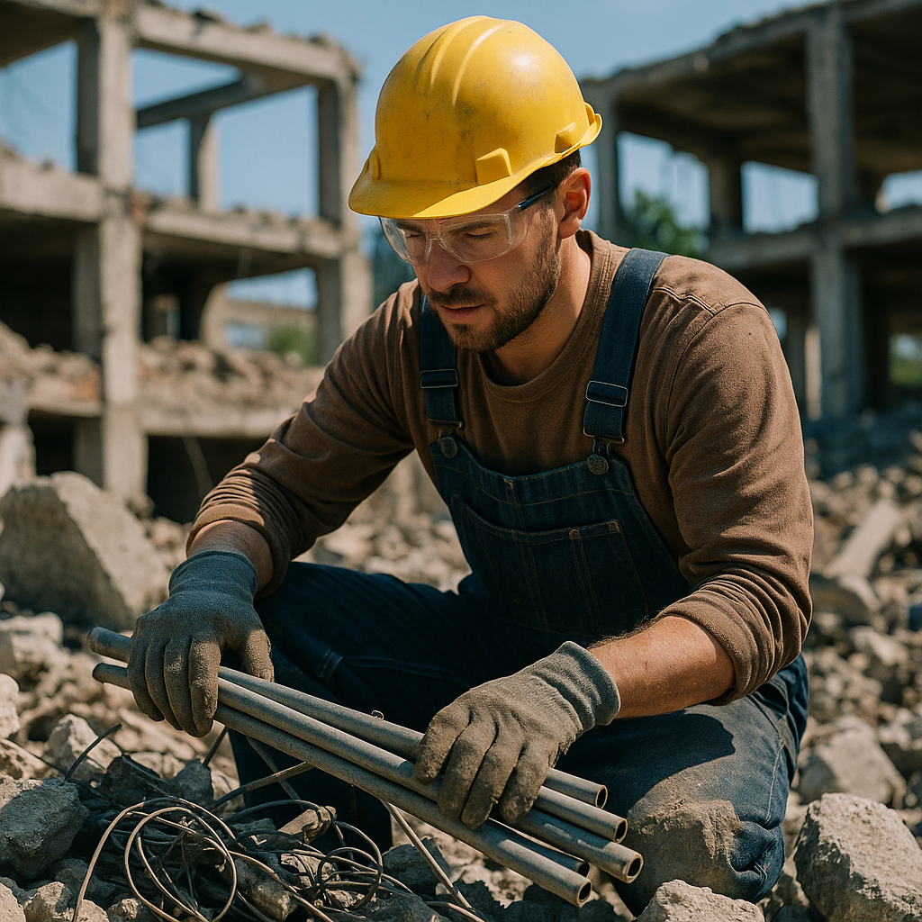 Construction Worker at Demolition Site Close-up of a construction worker sorting metal pipes, concrete chunks, and wiring at a demolition site under bright daylight.