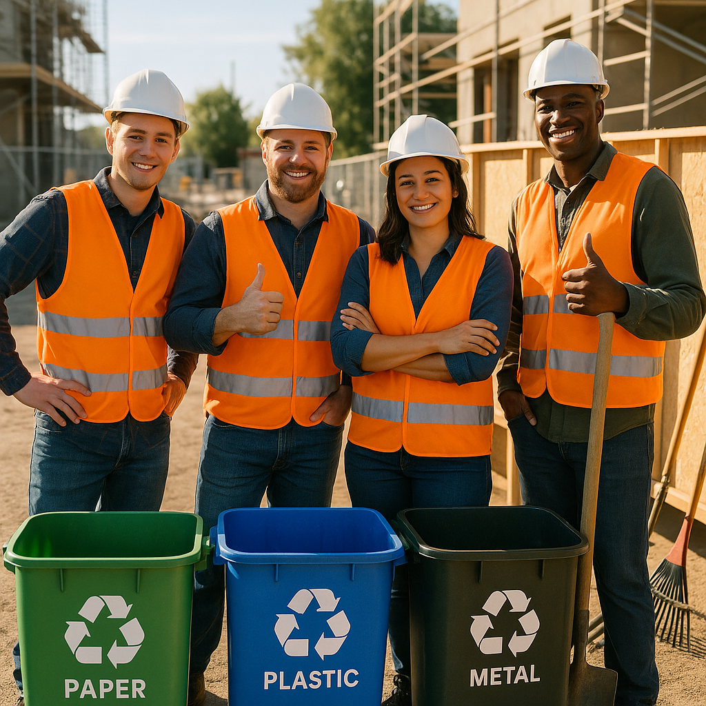 Celebrating Construction Team by Recycling Area Team of construction workers celebrating next to a neatly handled recycling area at a tidy job site.